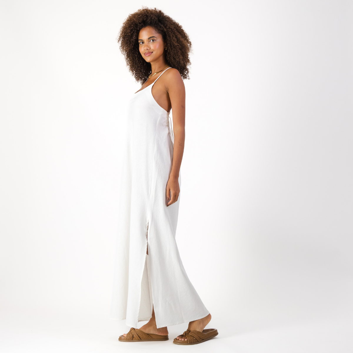 Womens Long Strappy Shift Dress / Plain / White