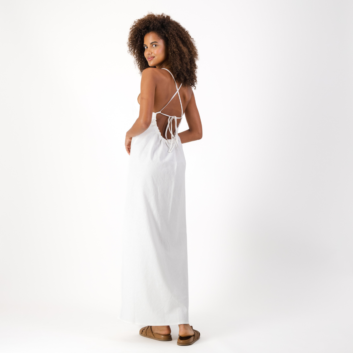 Womens Long Strappy Shift Dress / Plain / White