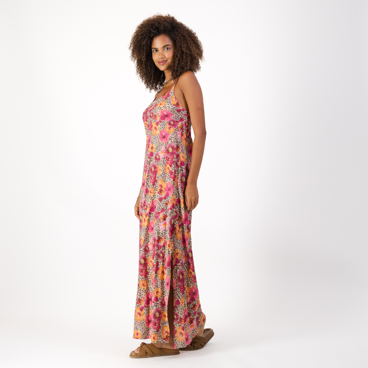 Womens Long Strappy Shift Dress / Leopard Floral