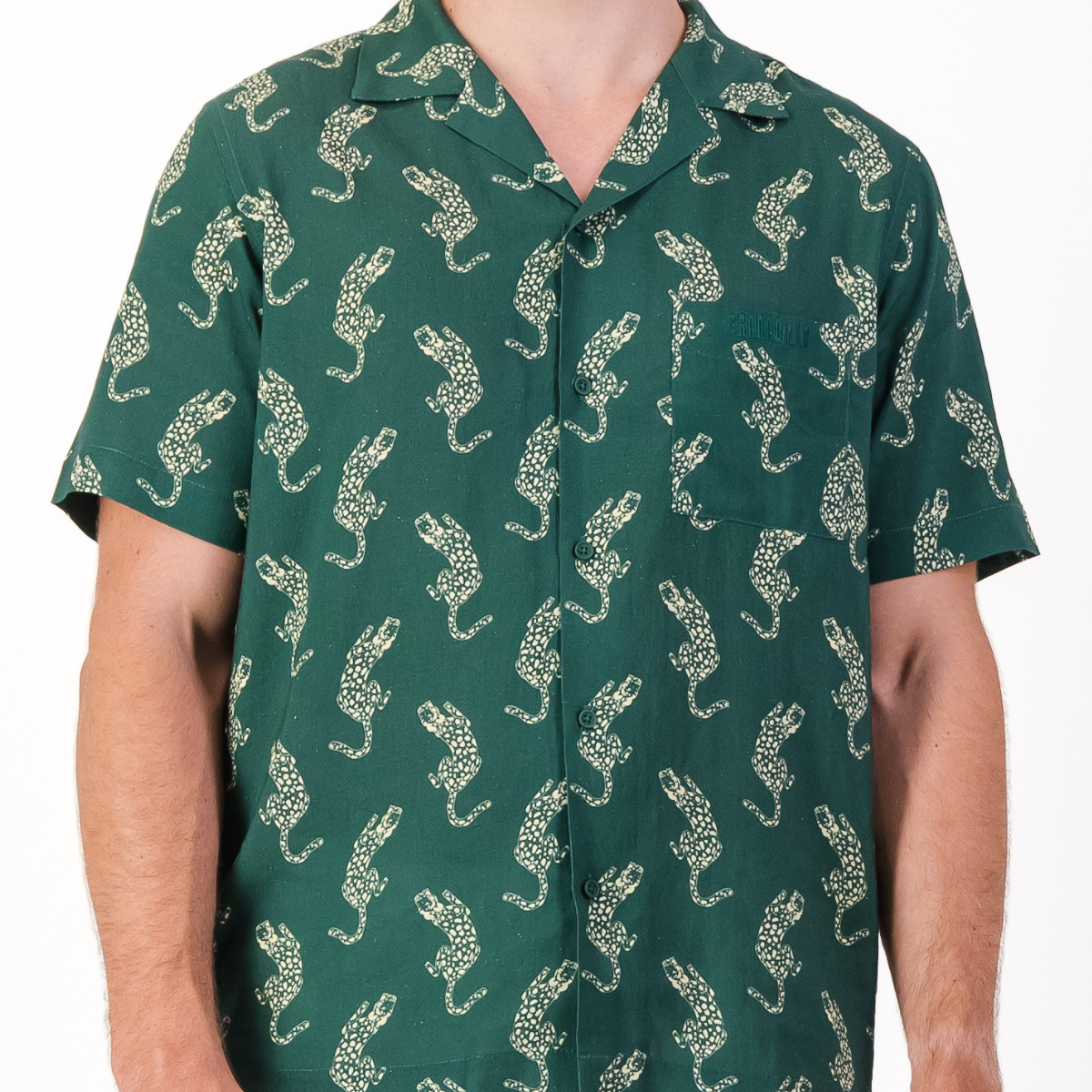 Mens Short Sleeve Revere Collar Shirt | Leopard / Emerald