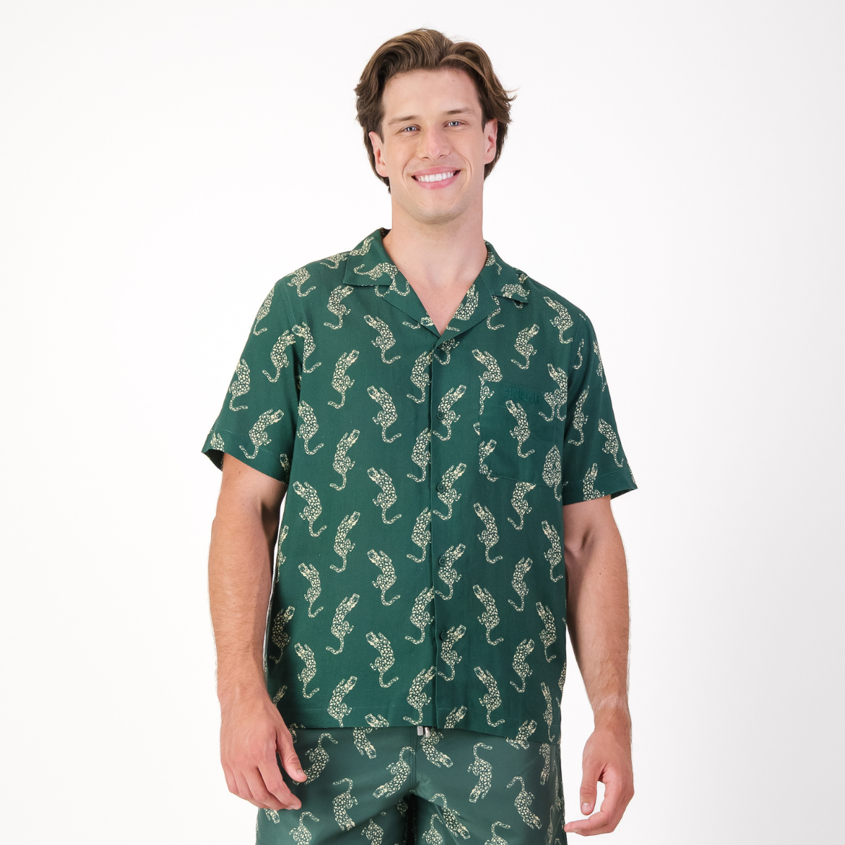 Mens Short Sleeve Revere Collar Shirt | Leopard / Emerald