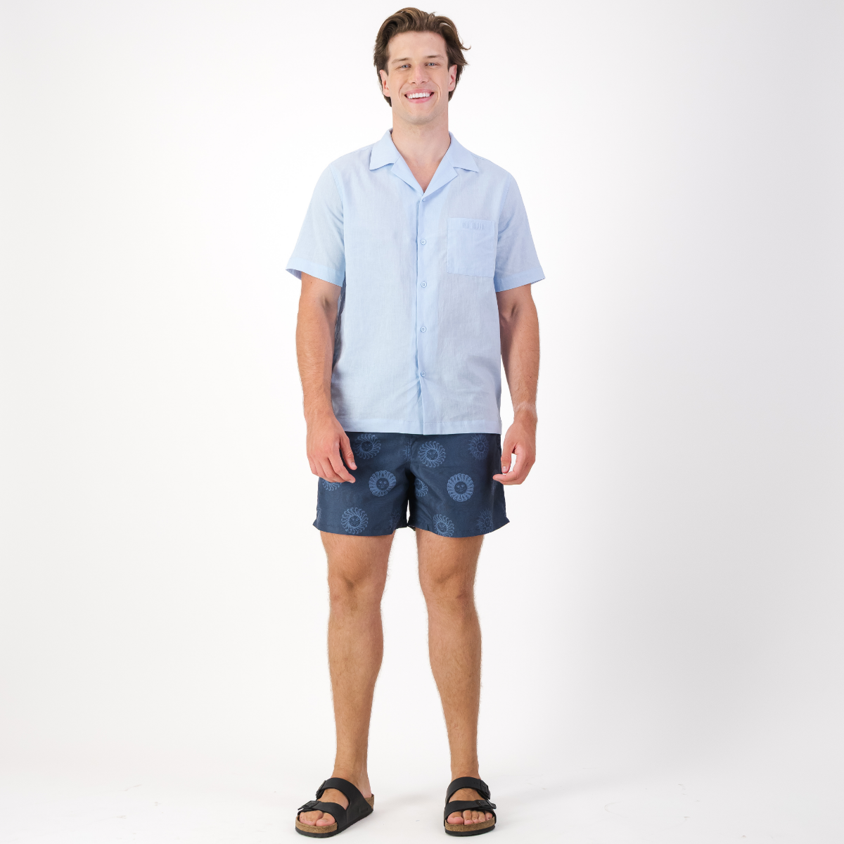 Mens Linen Short Sleeve Revere Collar Shirt | Plain / Light Blue