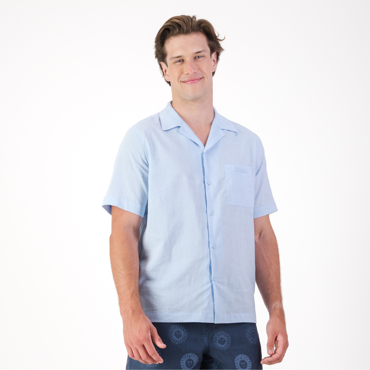Mens Linen Short Sleeve Revere Collar Shirt | Plain / Light Blue