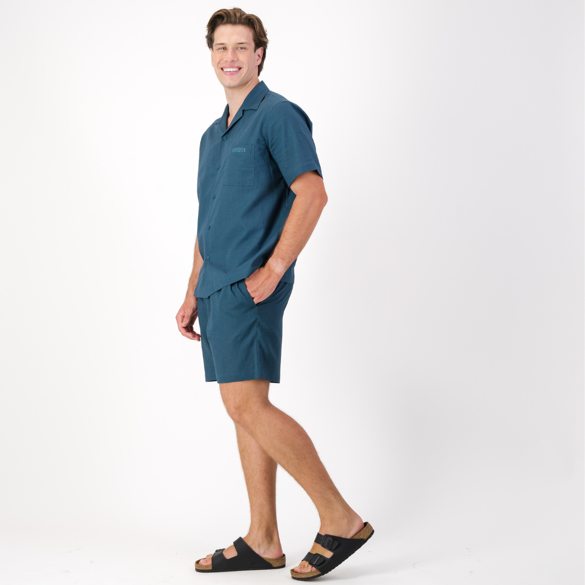 Mens Short Sleeve Revere Collar Shirt | Plain / Teal