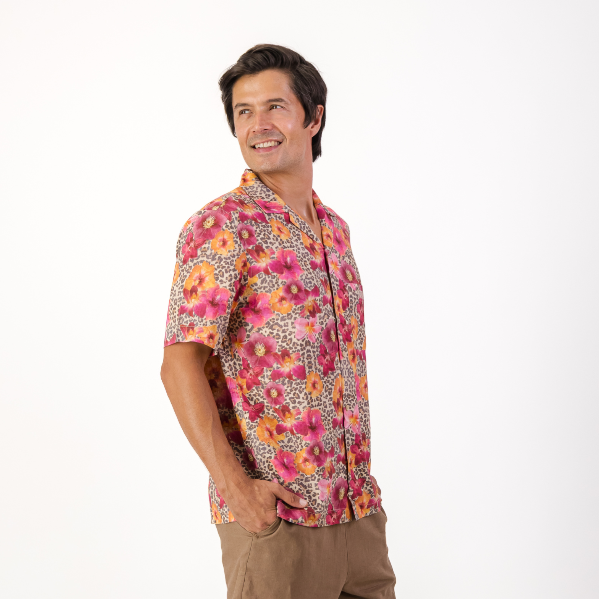 Mens Short Sleeve Revere Collar Shirt | Leopard Floral / Multi