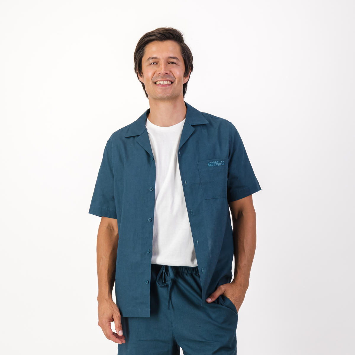 Mens Short Sleeve Revere Collar Shirt | Plain / Teal