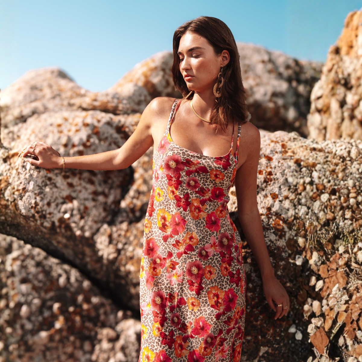 Womens Long Strappy Shift Dress / Leopard Floral