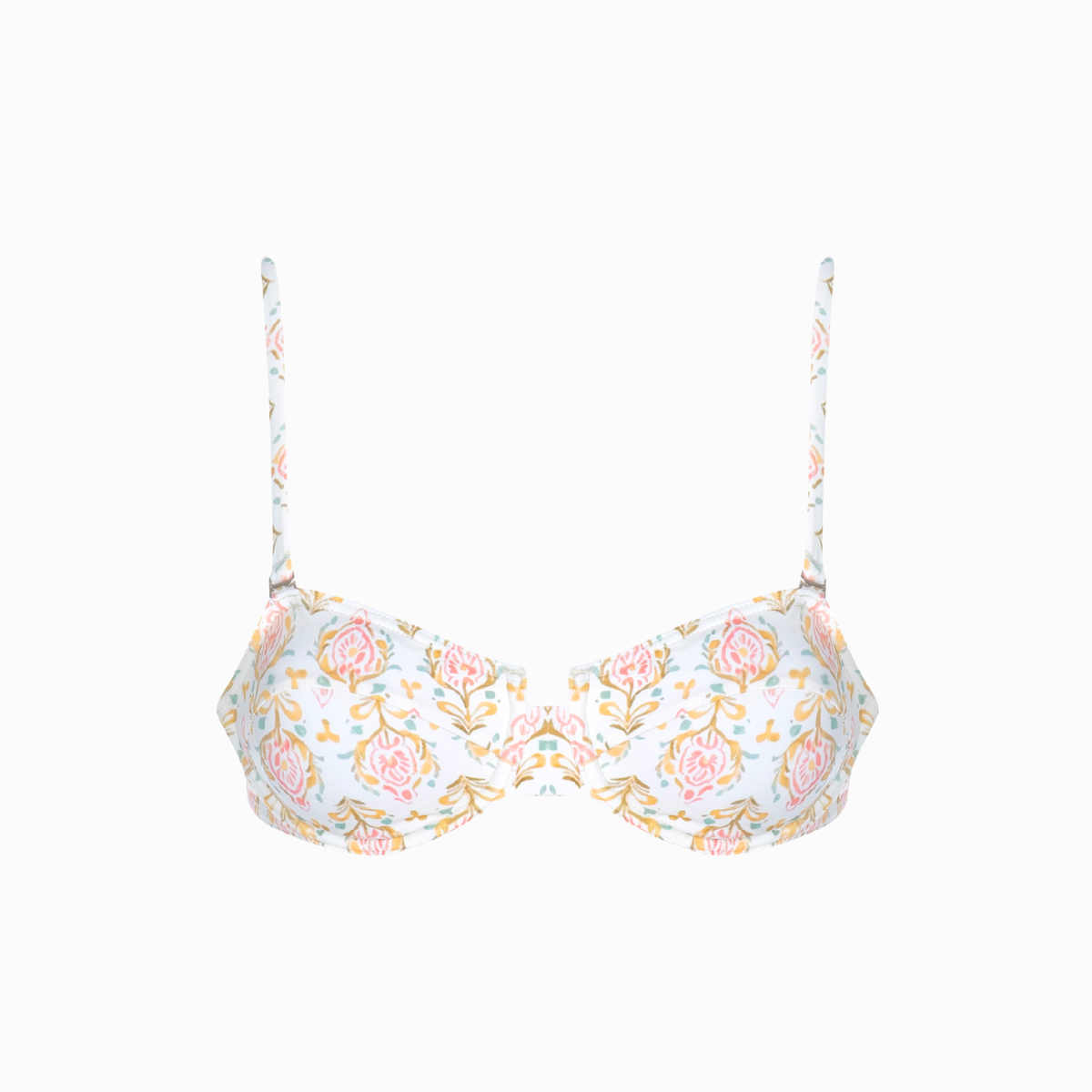 A pink floral underwire bikini top