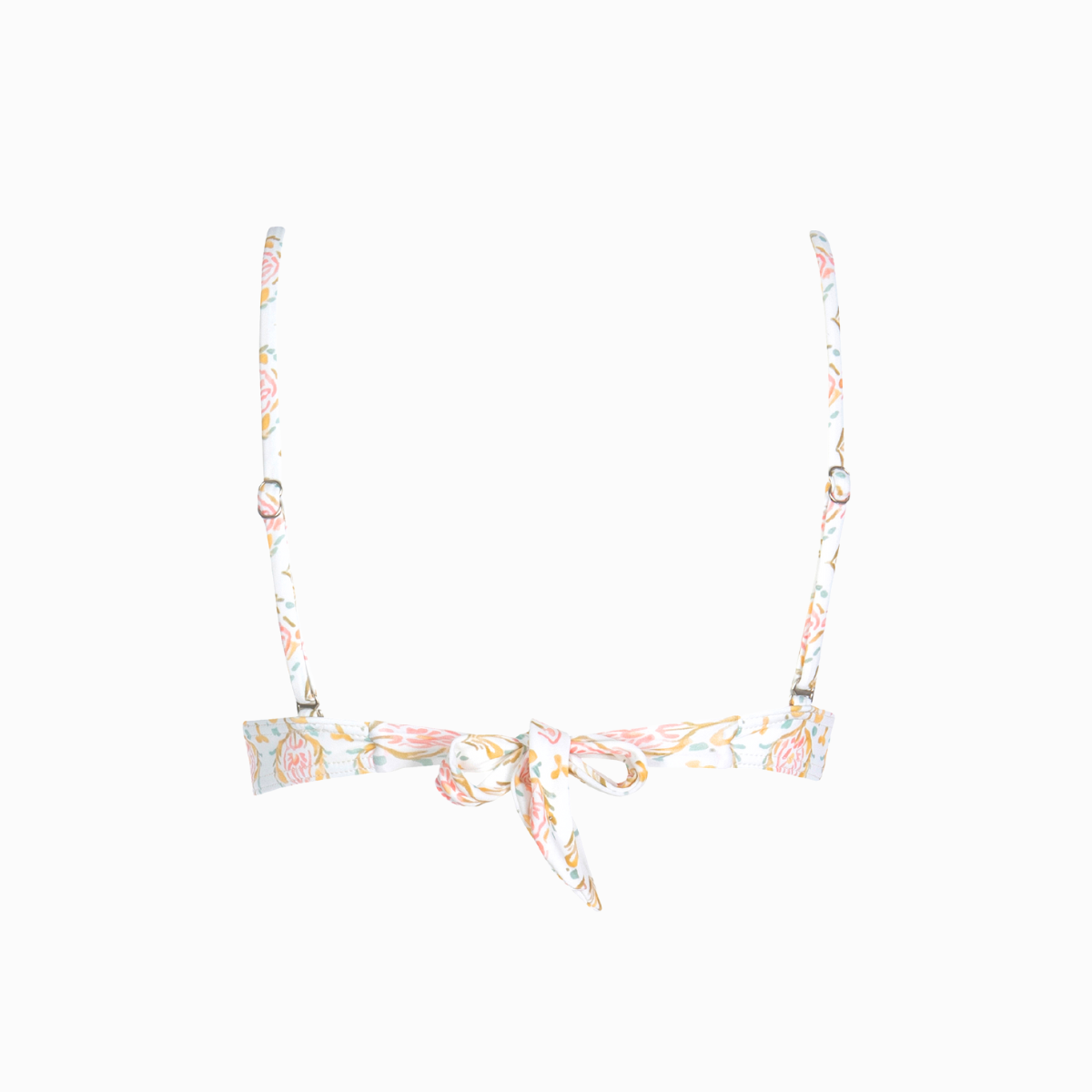 A pink floral underwire bikini top with adjustable straps