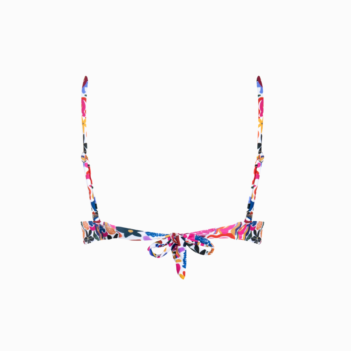 A multicolored floral bikini top with underwire cups and adjustable shoulder straps.
