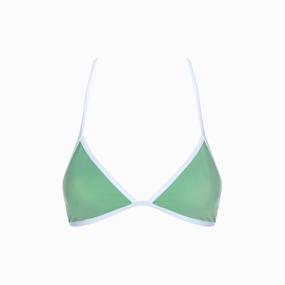 A green bikini top with white bindings and fixed triangle cups.