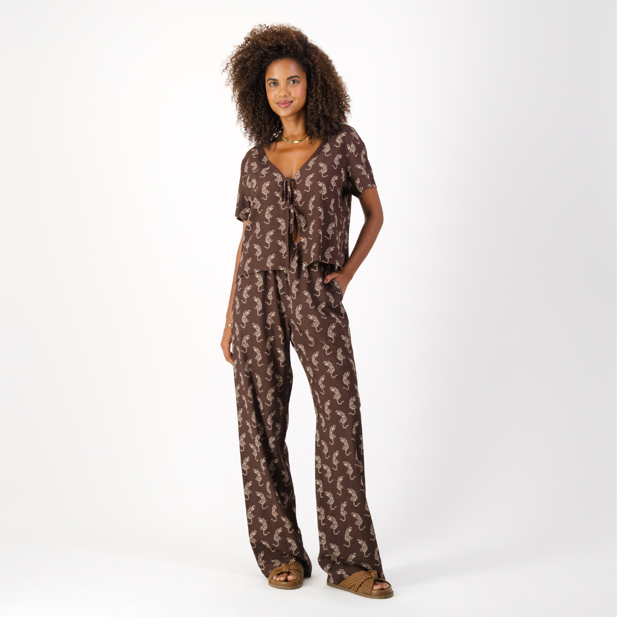 Womens Short Sleeve Tie Top / Leopard / Brown