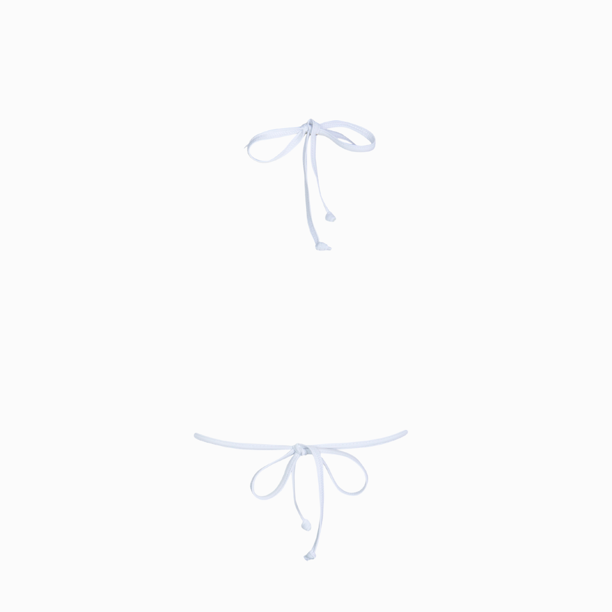 A green bikini top back tie with white bindings and fixed triangle cups.