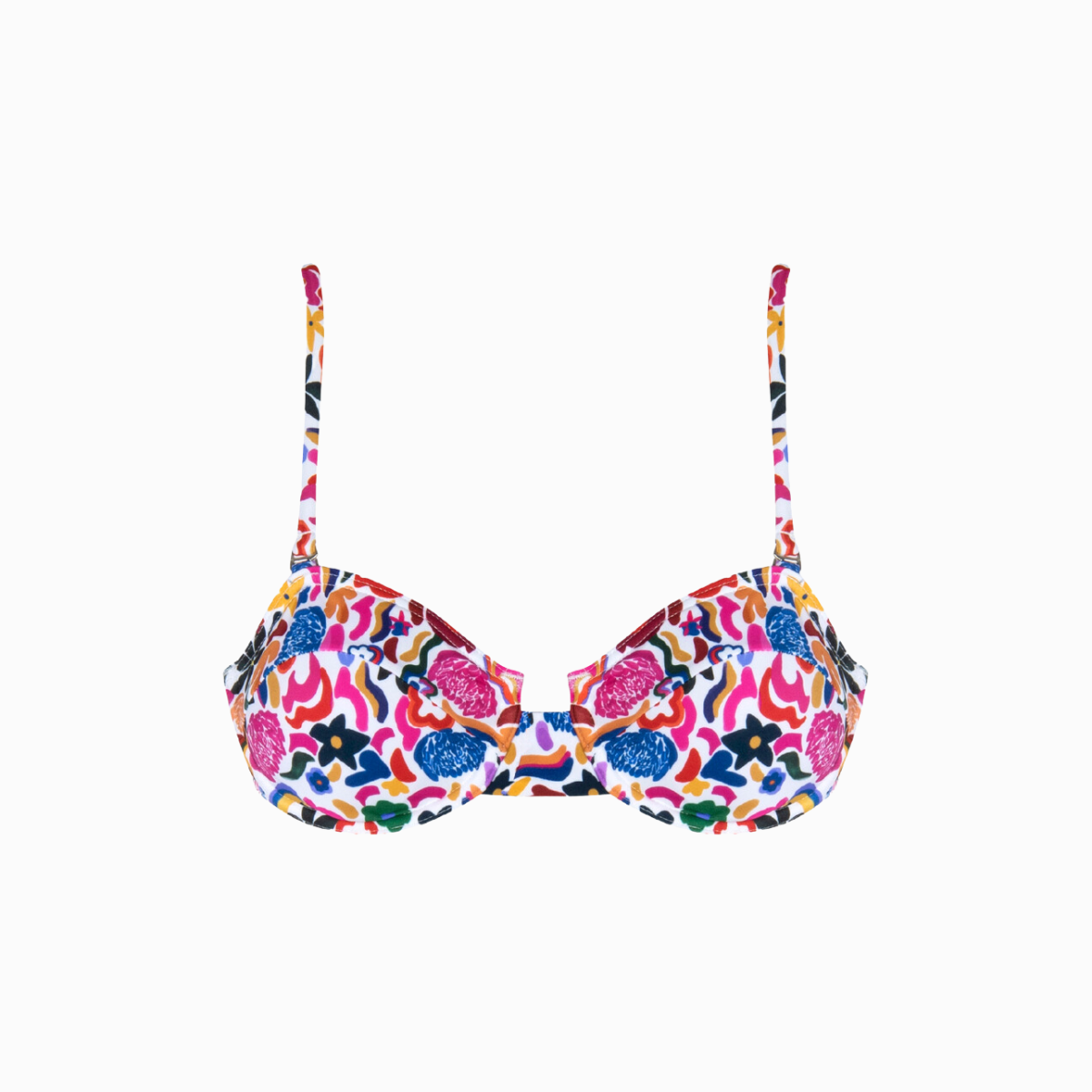 A multicolored floral bikini top with underwire cups and adjustable shoulder straps.