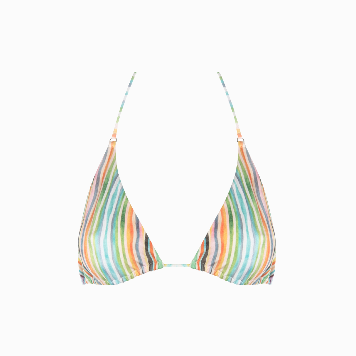 A multicolored striped bikini top with adjustable cups and straps