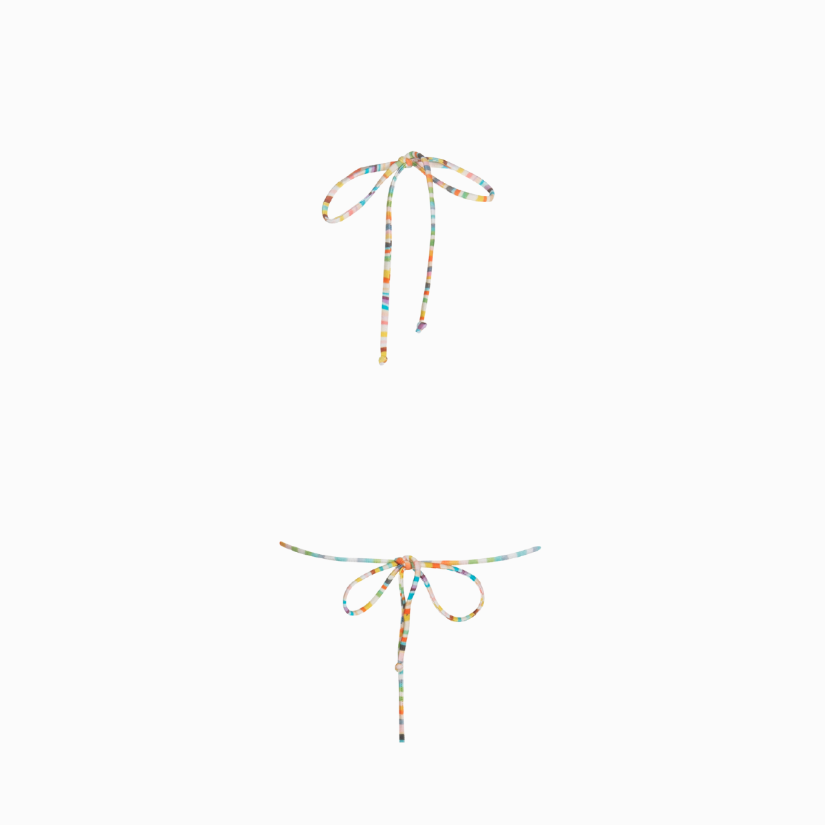 A multicolored striped bikini top with adjustable cups and straps