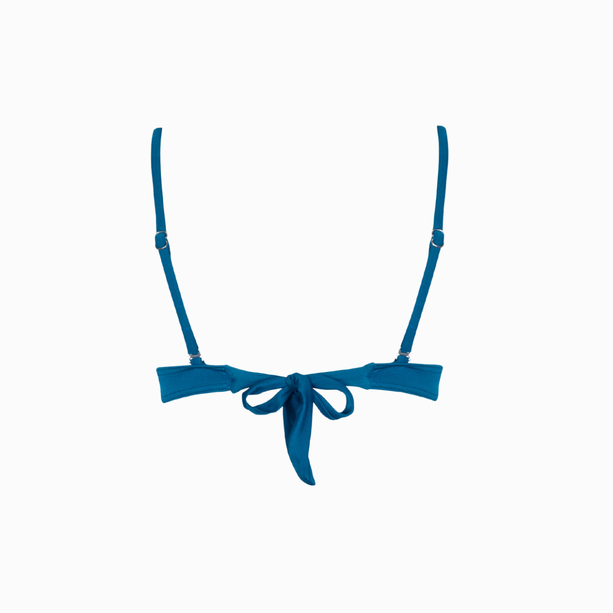 A teal underwire bikini top on a white background