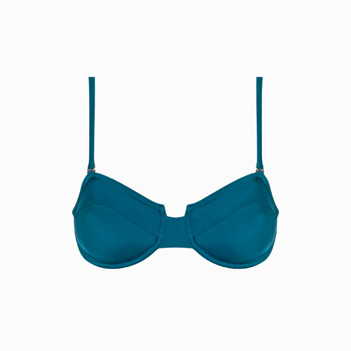 A teal underwire bikini top on a white background