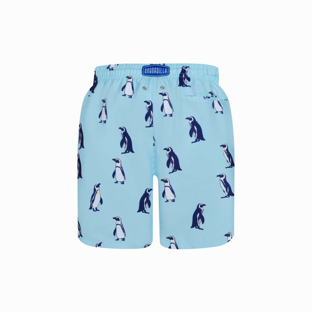 Mens Long Length Swim Shorts | Penguins / Baby Blue