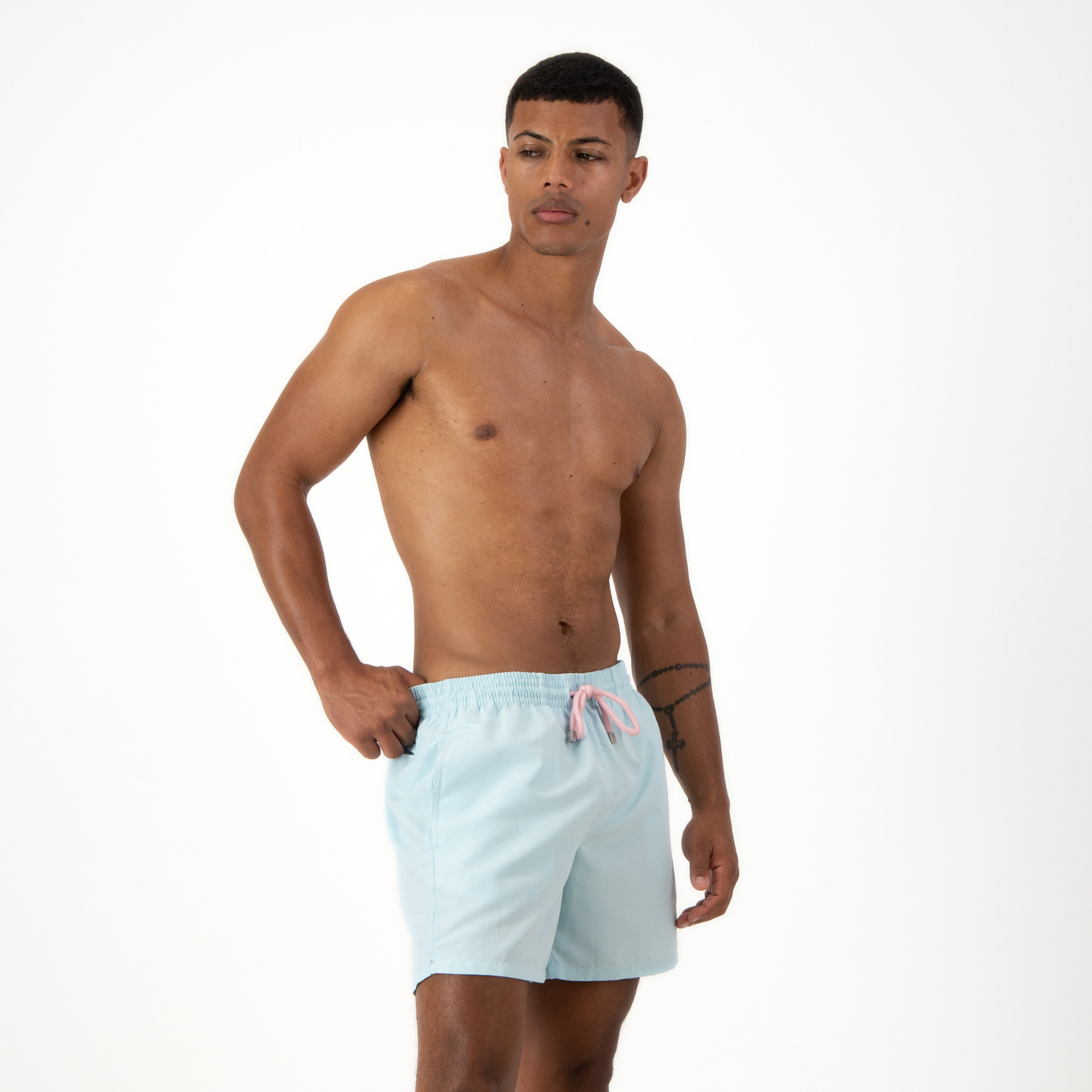 Mid-length Swim Shorts | Plain Embroidery / Light Blue
