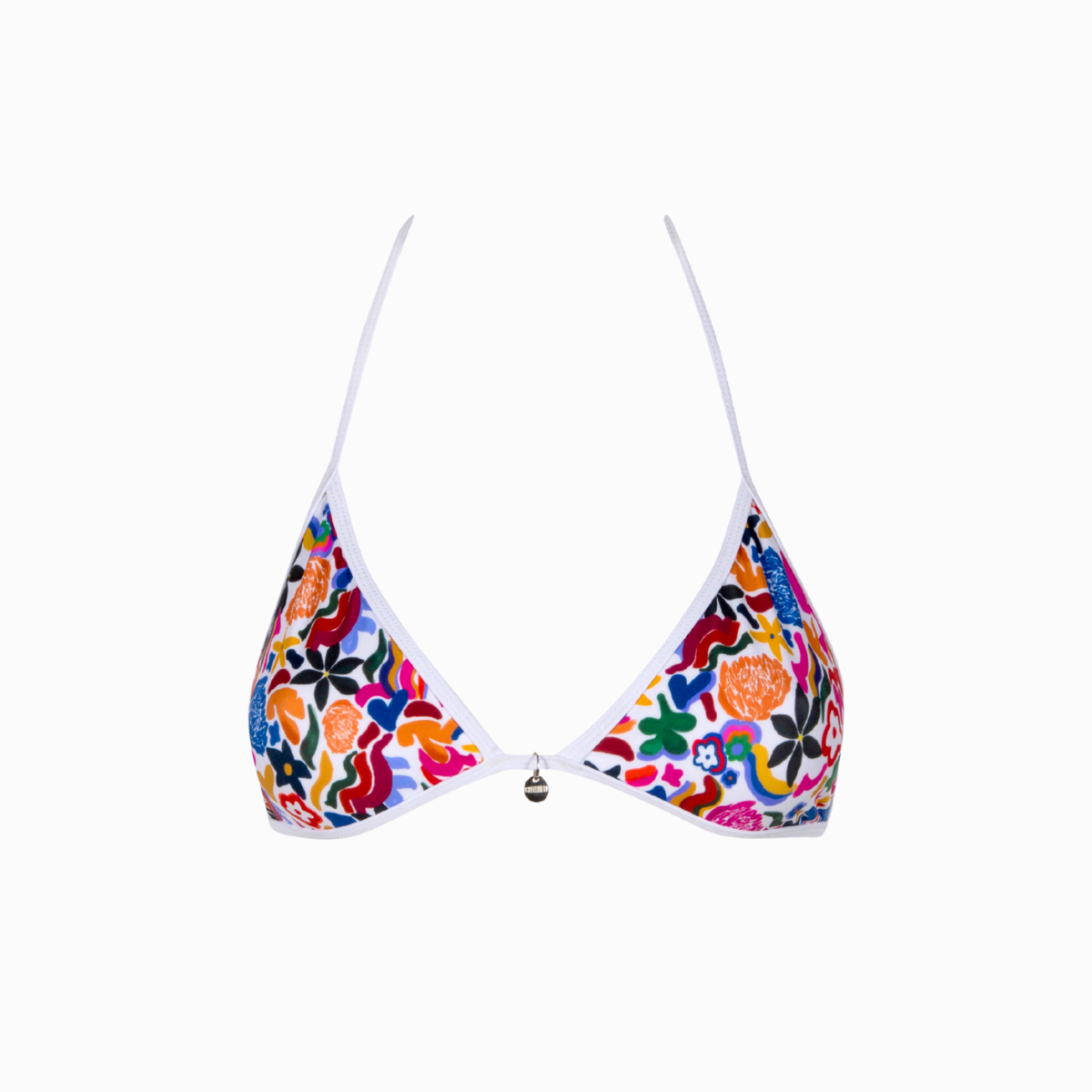 Colorful floral bikini top featuring the protea on a white background