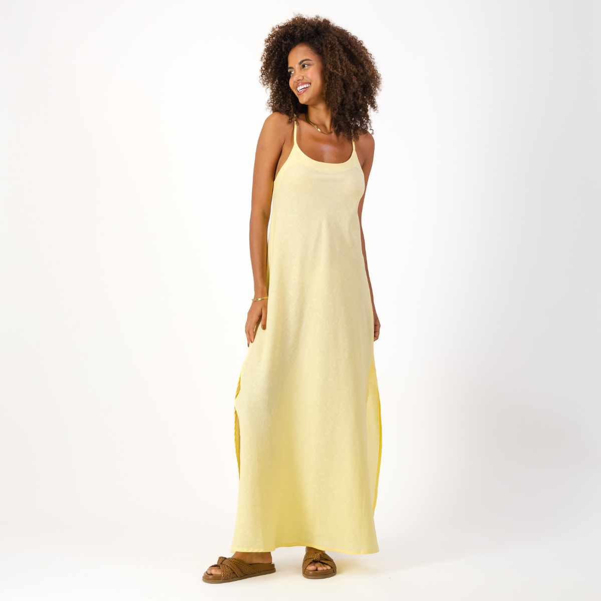 Womens Long Strappy Shift Dress / Plain / Yellow