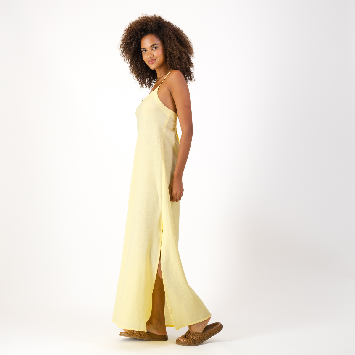 Womens Long Strappy Shift Dress / Plain / Yellow