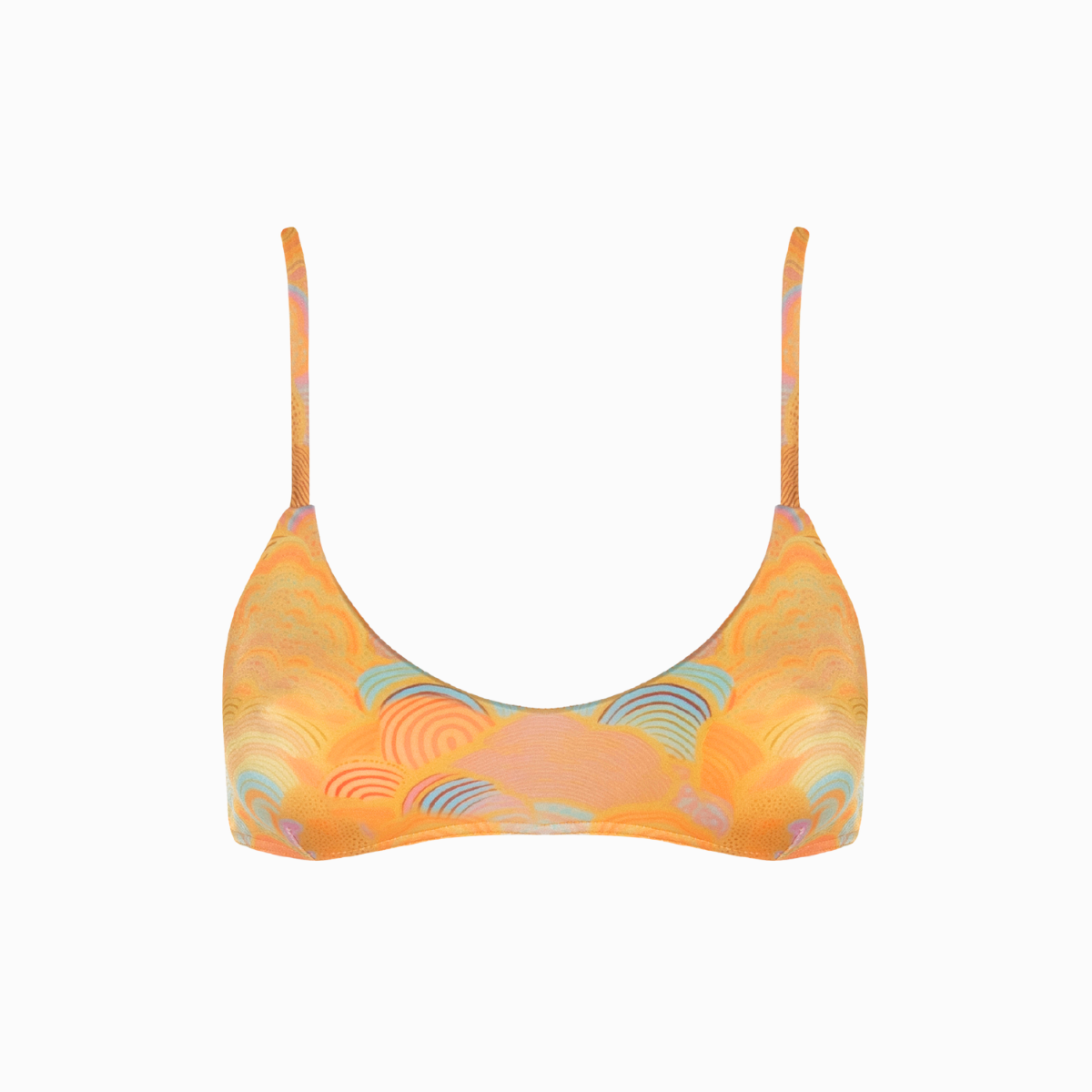 A sunset orange bikini top featuring a shell print