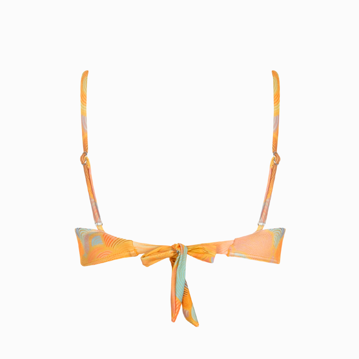 A sunset orange bikini top featuring a shell print with adjustable straps