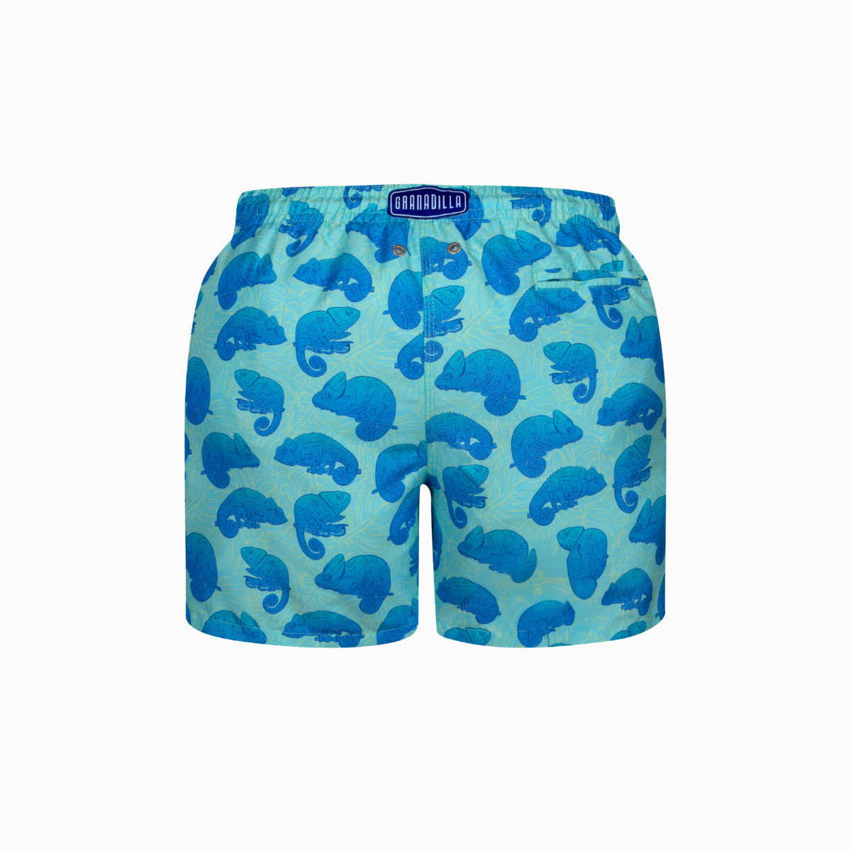 Blue and mint swim shorts with chameleon pattern on a white background