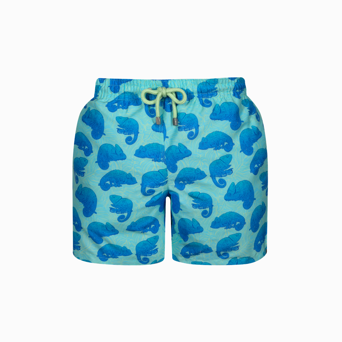 Blue and mint swim shorts with chameleon pattern on a white background