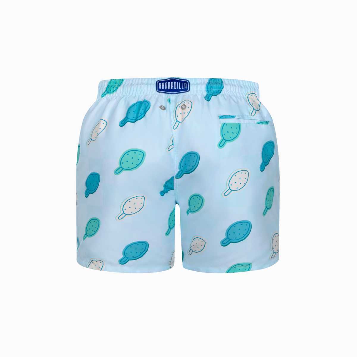 Light blue swim shorts with lolly pattern on a white background