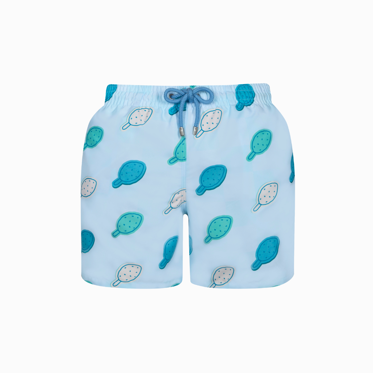 Light blue swim shorts with lolly pattern on a white background