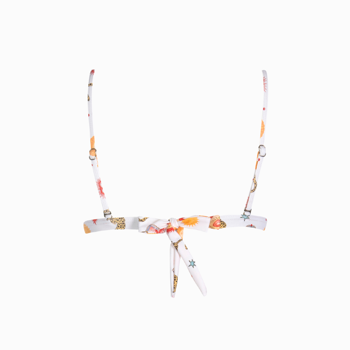 A milky white bralette style bikini top featuring prints of helios suns and leopards