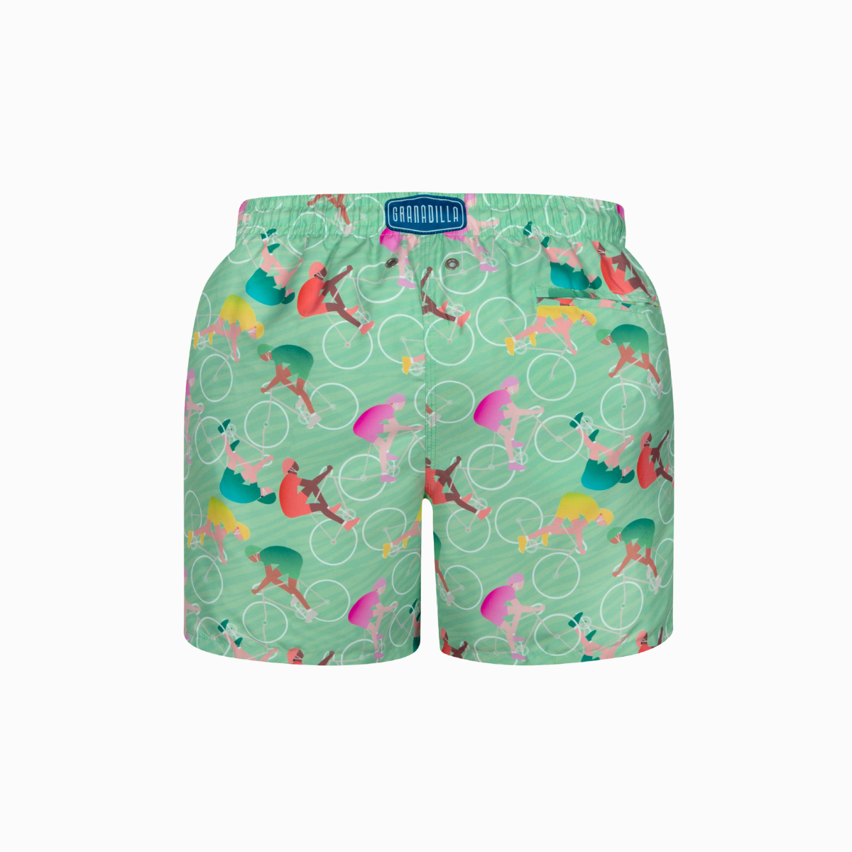 Mint green swim shorts with colorful cyclists design on a white background