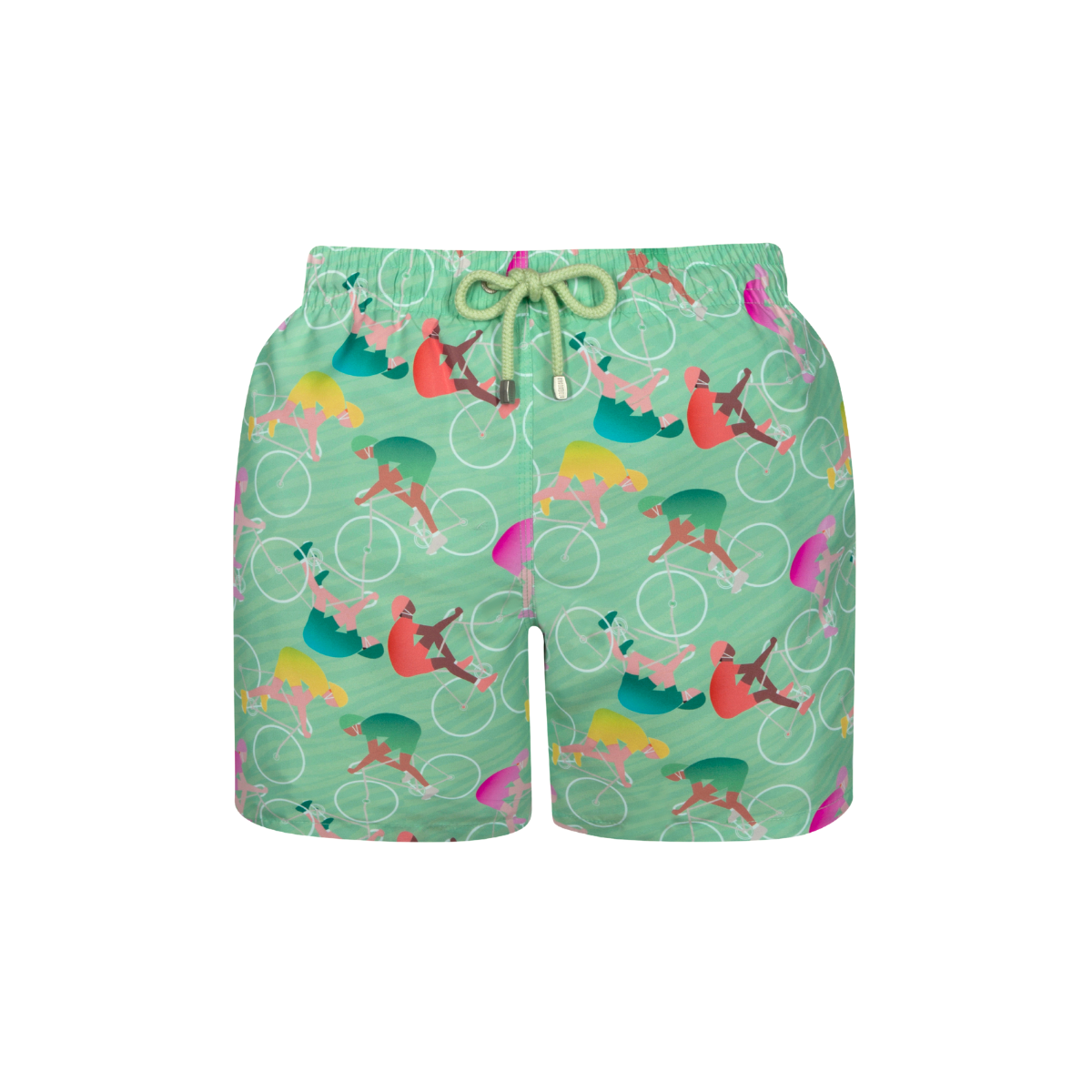Mint green swim shorts with colorful cyclists design on a white background
