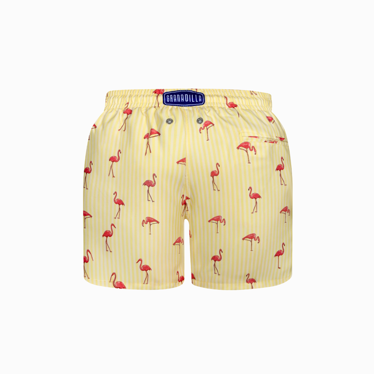 Yellow swim shorts with flamingo pattern on a white background
