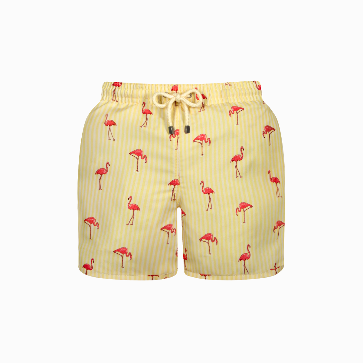 Yellow swim shorts with flamingo pattern on a white background