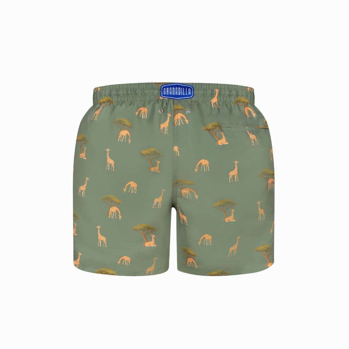 Green shorts with giraffe pattern on a white background
