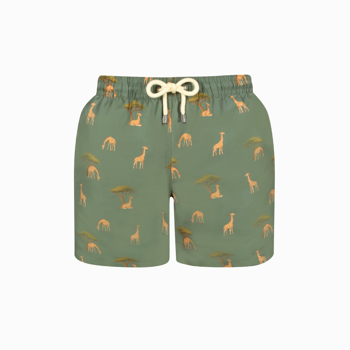 Green shorts with giraffe pattern on a white background