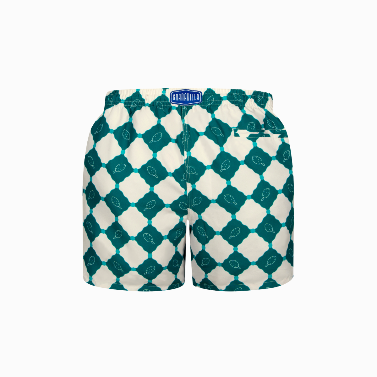 Green and white checkered shorts with a brand logo on a white background