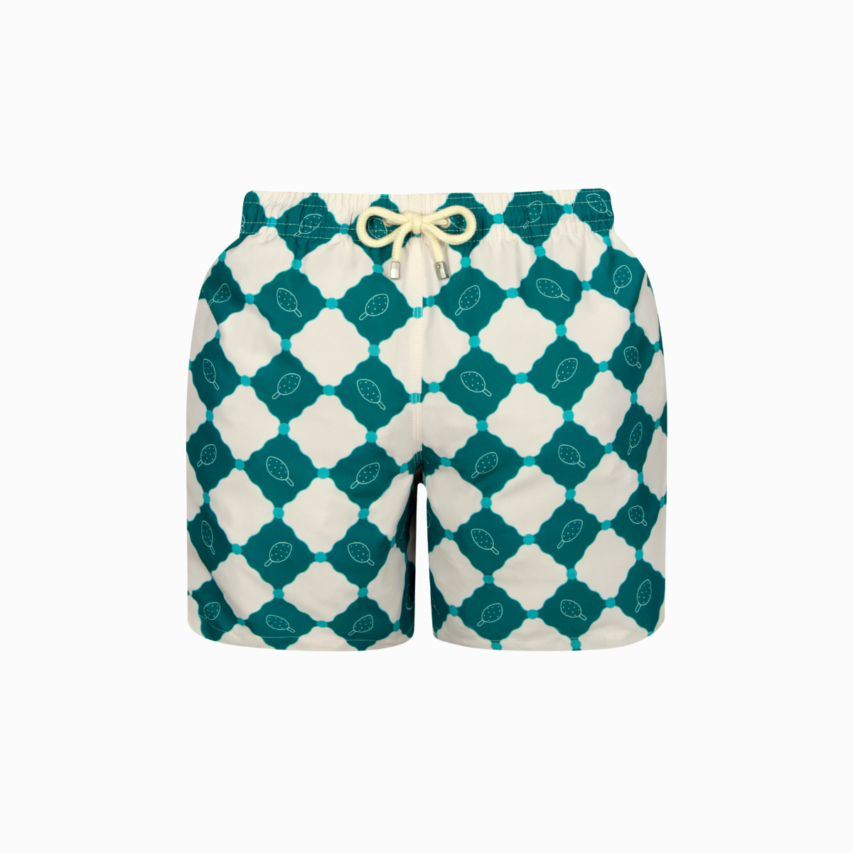 Green and white checkered shorts with a drawstring on a white background