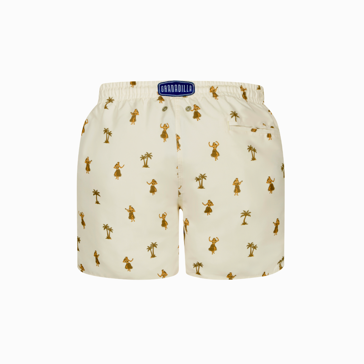 Cream swim shorts with hula girl and palm tree pattern.