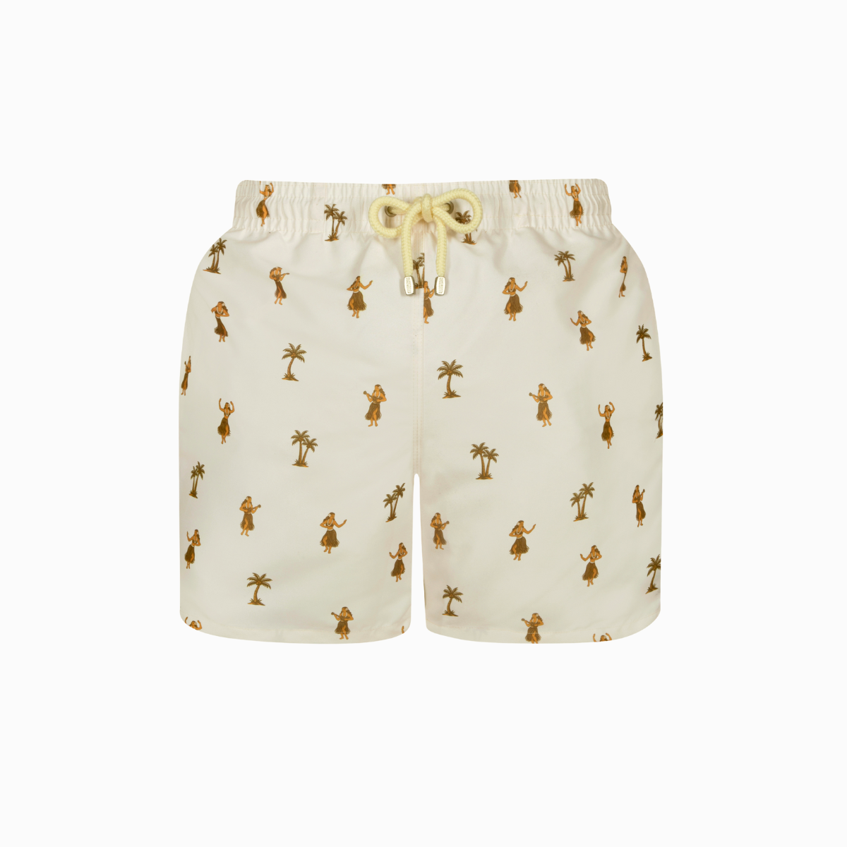 Cream shorts with Hula girl and palm tree pattern.