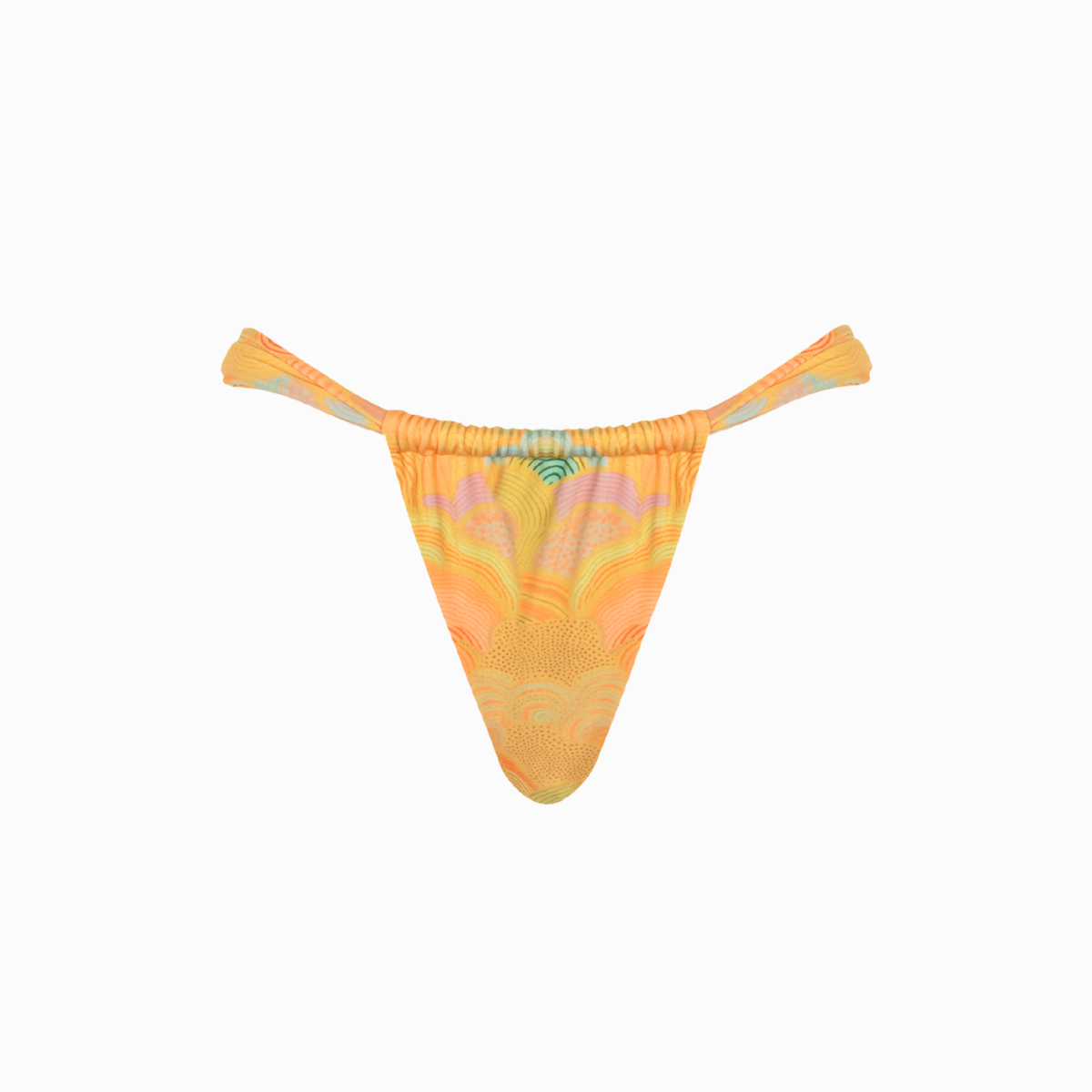 Orange bikini bottom featuring a shell print and ruched detailing