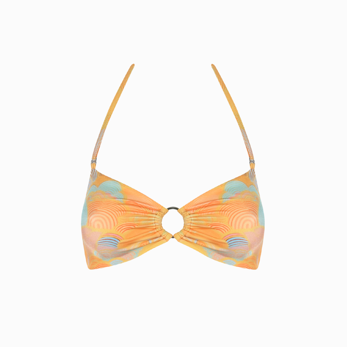 A sunset orange bandeau top with a shell print, featuring a center silver ring and a removable halter strap.
