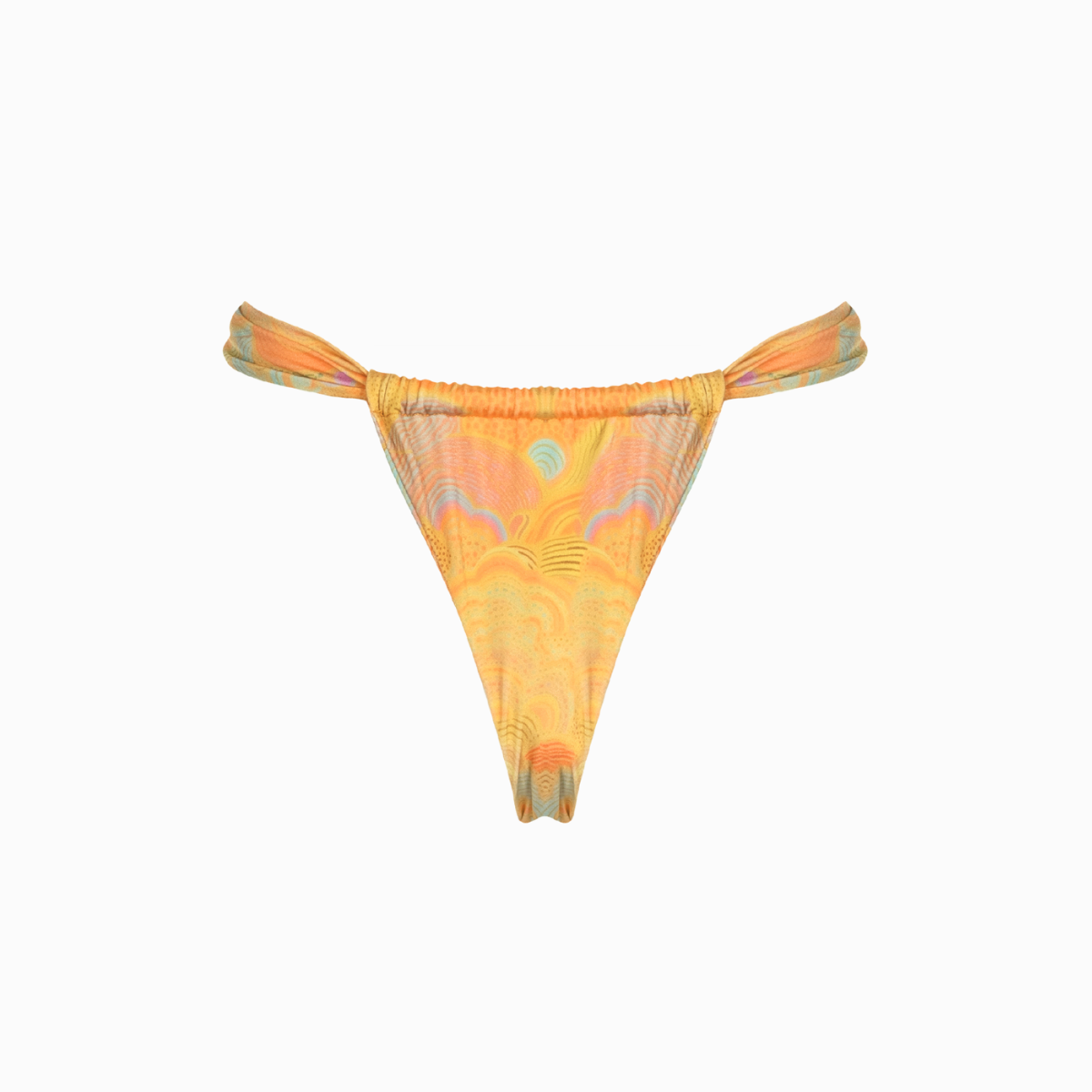 Orange bikini bottom featuring a shell print and ruched detailing