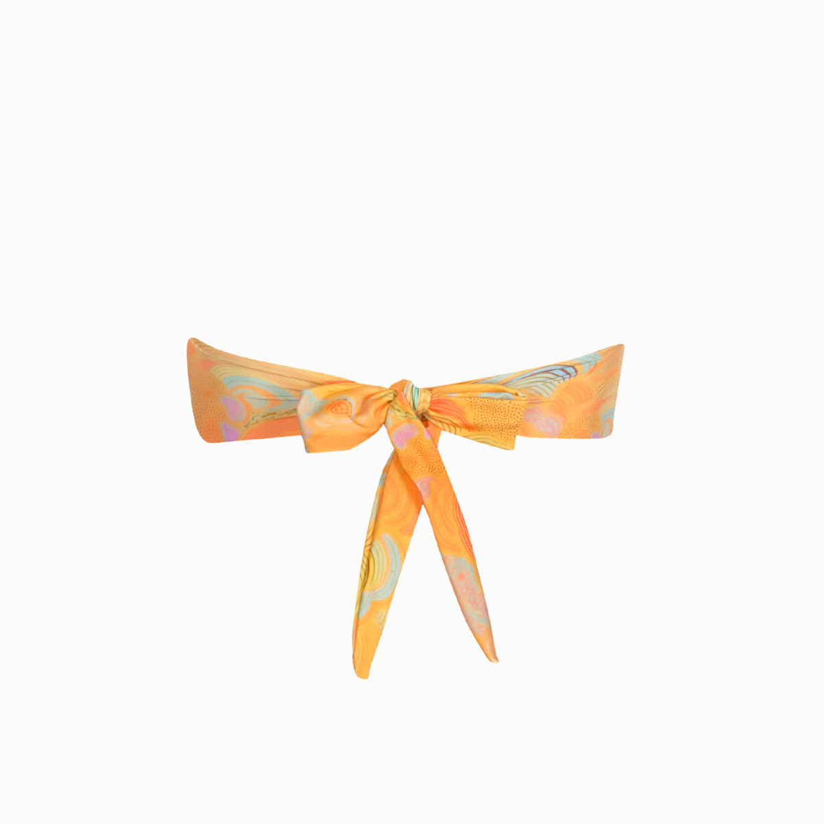 A sunset orange bandeau top back tie with a shell print