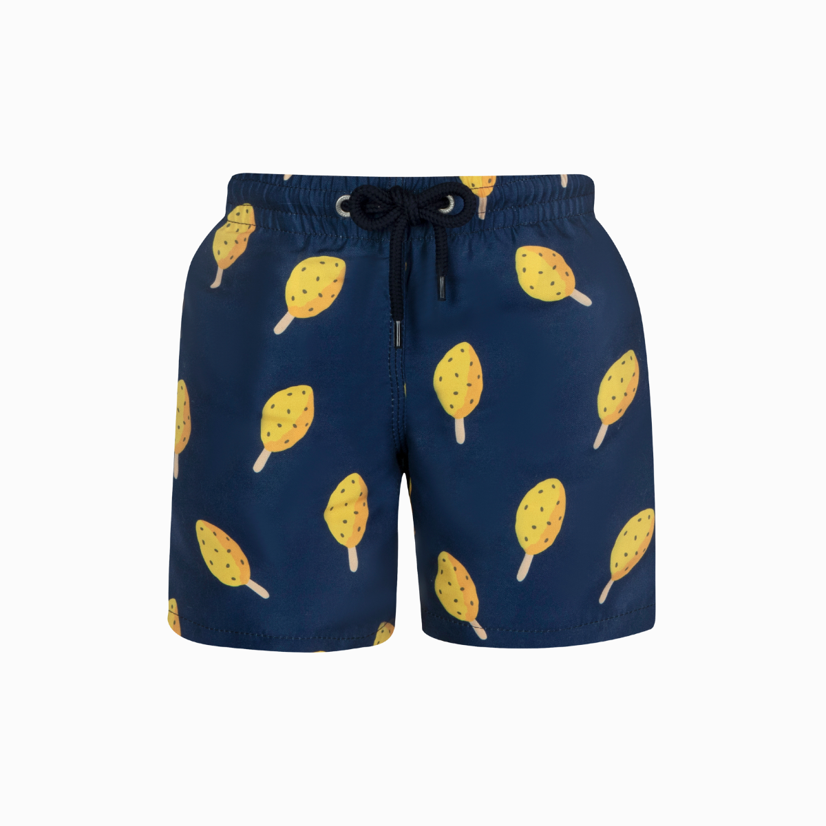 Navy kids swim shorts with granadilla lolly print