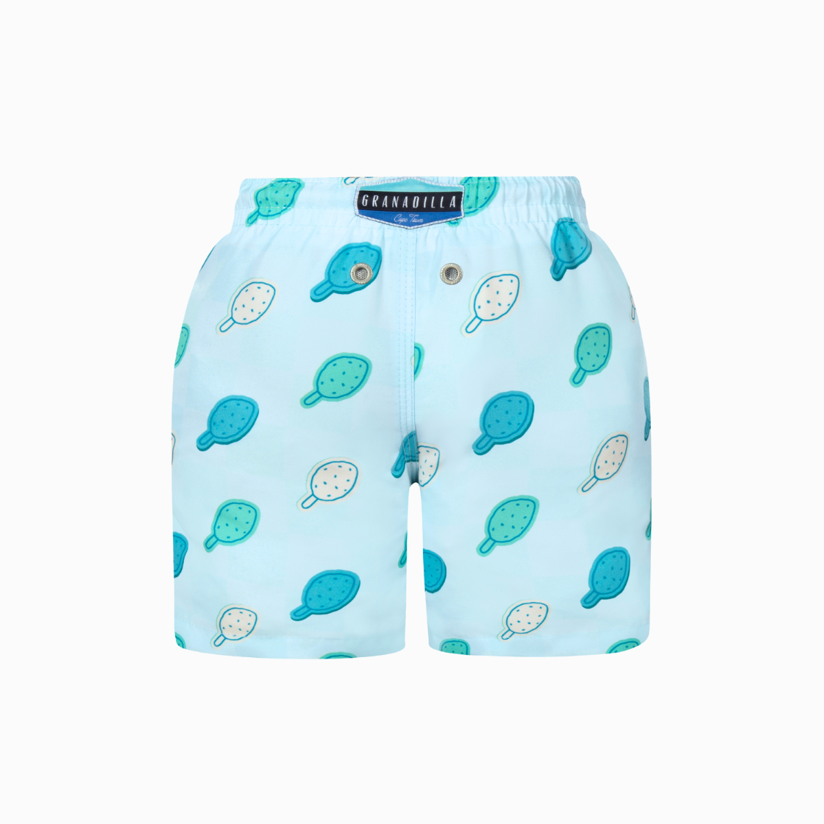 Blue kids swim shorts with checkerboard lolly design
